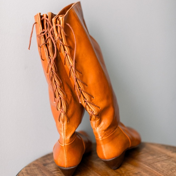 Sudini Vintage - Golden Caramel Italian Leather - Lace Back Boots -W Size 9 - Picture 3 of 11